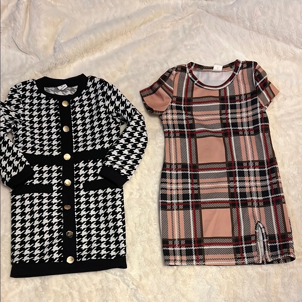 Shein 2-3t Houndstooth Dress w/ gold buttons + dark Pink Plaid Dress
